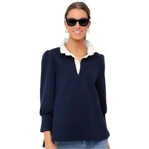 Pomander Place Navy Charlotte Terry Top Flare Puff Sleeve Top - Medium